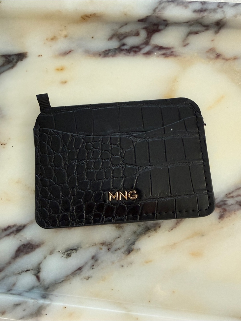 Mango Black Croc-Embossed Card Wallet with Gold MNG Logo
